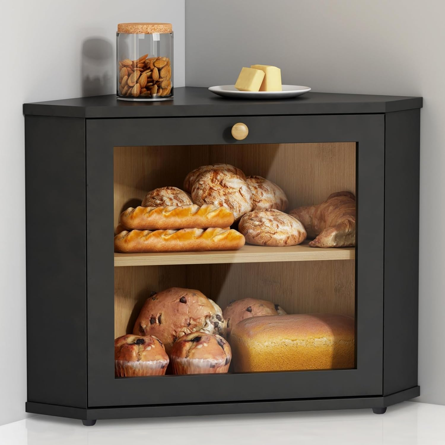 Large Two-Layer Black Bread Box 10kg Capacity Counter Pantry Shelf for Kitchen Countertop Homemade Bread Storage Preservation01 Large Two-Layer Black Bread Box 10kg Capacity Counter Pantry Shelf for Kitchen Countertop Homemade Bread Storage Preservation - Image 1