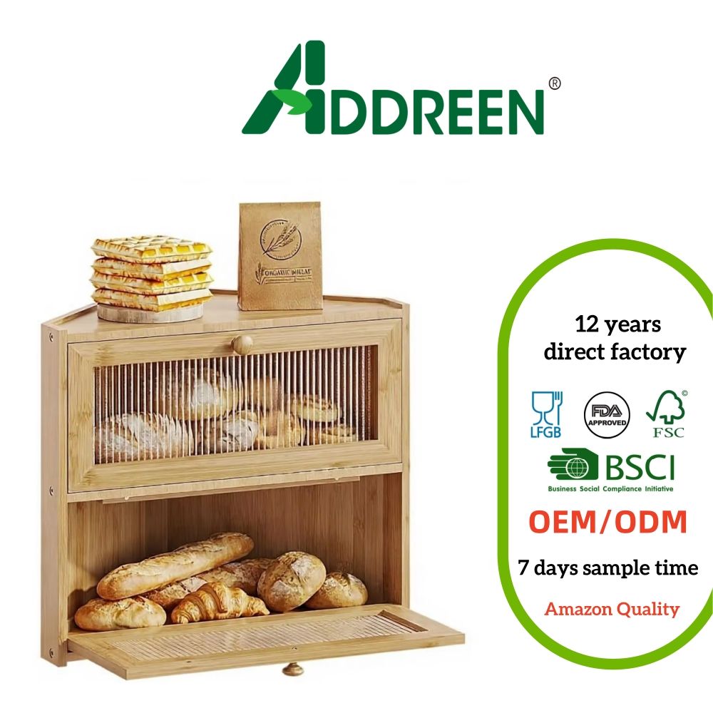 Medium Corner Bread Box Kitchen Countertop Double Layer Bamboo Farmhouse Storage Container Magnetic Lid Wavy Windows01 Medium Corner Bread Box Kitchen Countertop Double Layer Bamboo Farmhouse Storage Container Magnetic Lid Wavy Windows - Image 1