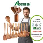 Teak & Acacia Wood Multi-Piece Kitchen Set with Spatula Spoon Fork Non-Stick Pan Long Handle Non-Slip High Temperature Resistant