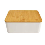 White Natural Top Metal Bread Box Large Capacity 100% Bamboo Wood Lid Modern for Island Pantry Home Storage