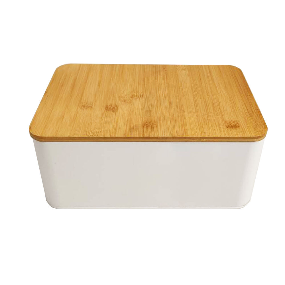 White Natural Top Metal Bread Box Large Capacity 100% Bamboo Wood Lid Modern for Island Pantry Home Storage01 White Natural Top Metal Bread Box Large Capacity 100% Bamboo Wood Lid Modern for Island Pantry Home Storage - Image 1