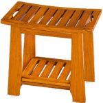 14" Compact Teak Wood Shower Stool Shelf Handle Waterproof Non-Slip Bath Bench for Small Bathrooms/Tub/Outdoor Use 300 Lbs