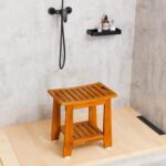 14" Compact Teak Wood Shower Stool Shelf Handle Waterproof Non-Slip Bath Bench for Small Bathrooms/Tub/Outdoor Use 300 Lbs - Image 2