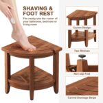 18" Modern Teak Corner Shower Stool with 2-Tier Storage Shelf Waterproof Adjustable Feet Non-Slip Solid Wood - Image 3