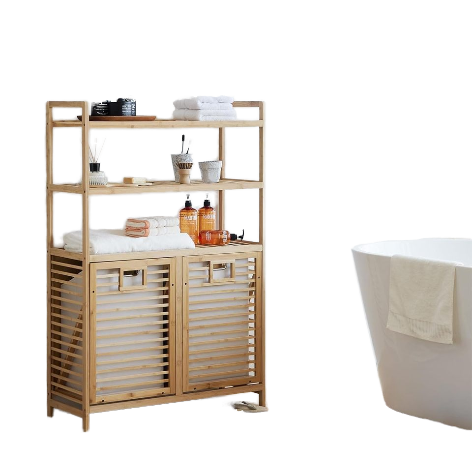 3-Tier Natural Bamboo Hamper Double Tilt with 2 Removable Bags Pullout Laundry Cabinet for Bathroom & Living Room Storage01 3-Tier Natural Bamboo Hamper Double Tilt with 2 Removable Bags Pullout Laundry Cabinet for Bathroom & Living Room Storage - Image 1
