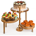 3-Tier Round Acacia Wood Cupcake Stand 360 Rotatable Rustic Wood Eco-friendly Tiered Dessert Display for Birthday Wedding Party