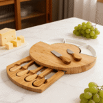 Addreen 100% Natural Bamboo Cheese Board Set with Hidden Drawer and Ceramic Dishes
