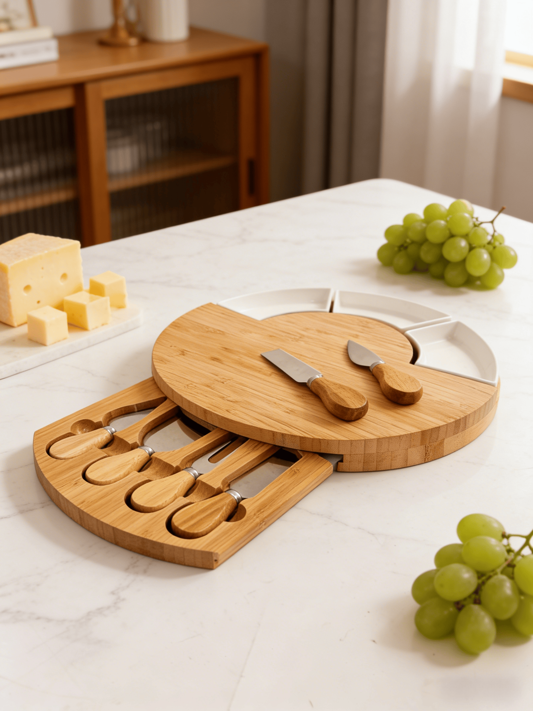 Addreen 100% Natural Bamboo Cheese Board Set with Hidden Drawer and Ceramic Dishes01 Addreen 100% Natural Bamboo Cheese Board Set with Hidden Drawer and Ceramic Dishes - Image 1