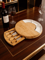 Addreen 100% Natural Bamboo Cheese Board Set with Hidden Drawer and Ceramic Dishes - Image 2