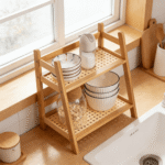 Addreen 2-Tier Natural Bamboo Kitchen Storage Rack Multi-layer Countertop Organizer with Rattan Woven Shelf