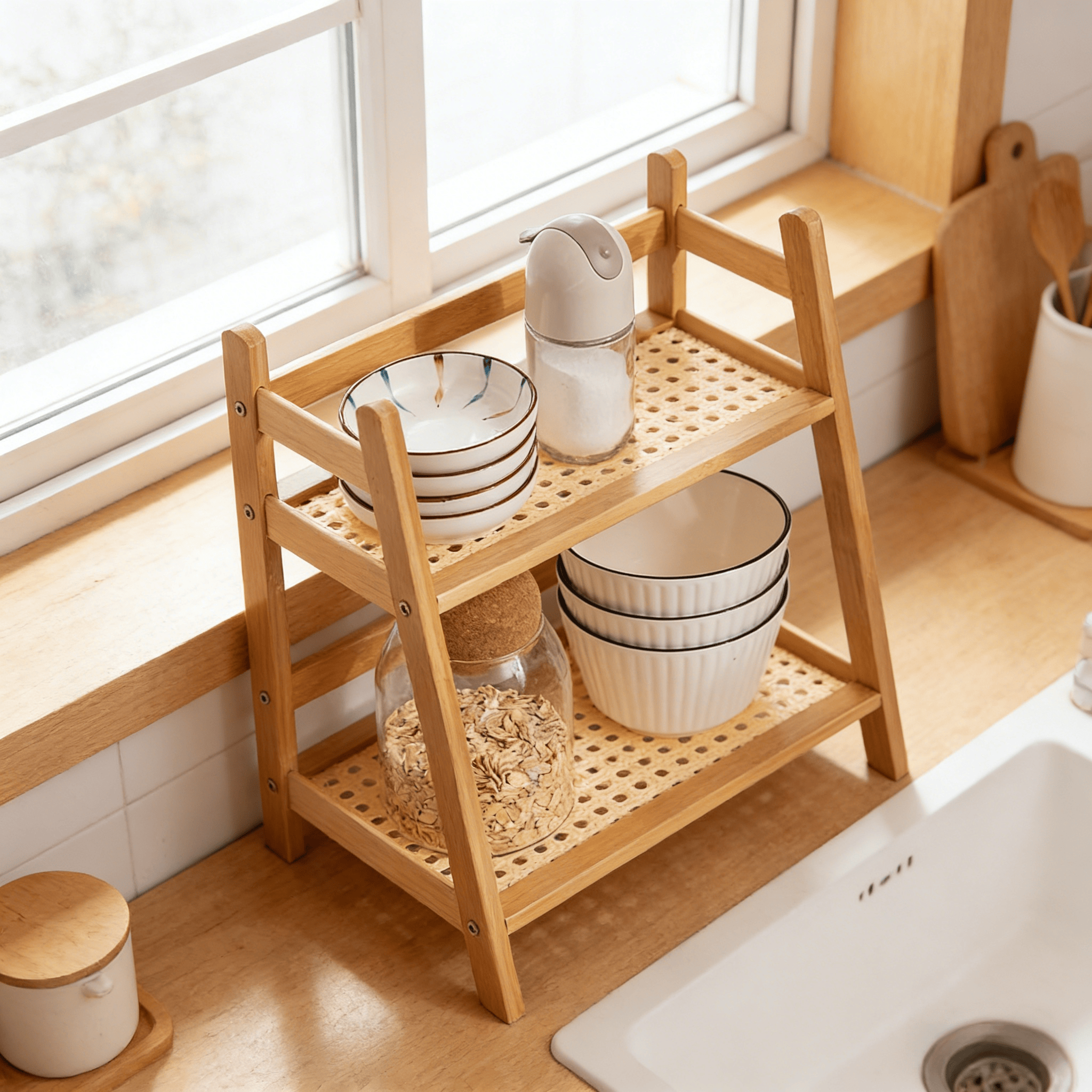 Addreen 2-Tier Natural Bamboo Kitchen Storage Rack Multi-layer Countertop Organizer with Rattan Woven Shelf01 Addreen 2-Tier Natural Bamboo Kitchen Storage Rack Multi-layer Countertop Organizer with Rattan Woven Shelf - Image 1