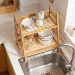 Addreen 2-Tier Natural Bamboo Kitchen Storage Rack Multi-layer Countertop Organizer with Rattan Woven Shelf - Image 2