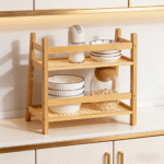 Addreen 2-Tier Natural Bamboo Kitchen Storage Rack Multi-layer Countertop Organizer with Rattan Woven Shelf - Image 3