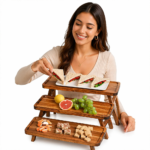Addreen 3 Tier Foldable Wooden Serving Tray Solid Acacia Wood Dessert Table Display Set Decorative Charcuterie Board