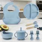 Addreen 8Pcs Silicone Baby Feeding Set Food Grade Silicone Suction Plate Bowl Bib Spoon Fork