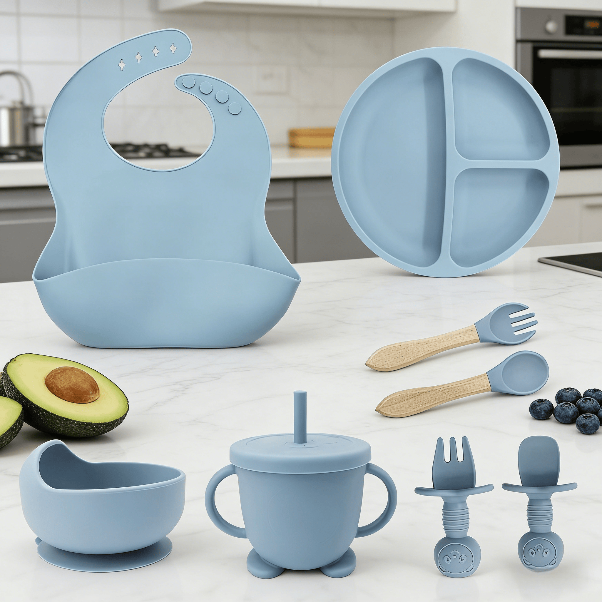 Addreen 8Pcs Silicone Baby Feeding Set Food Grade Silicone Suction Plate Bowl Bib Spoon Fork01 Addreen 8Pcs Silicone Baby Feeding Set Food Grade Silicone Suction Plate Bowl Bib Spoon Fork - Image 1