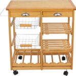 Addreen BKC001 Multifunctional Modern Bamboo Kitchen Cart Wheels Towel Rack Two Drawers Natural Color Customizable Logo OEM/ODM