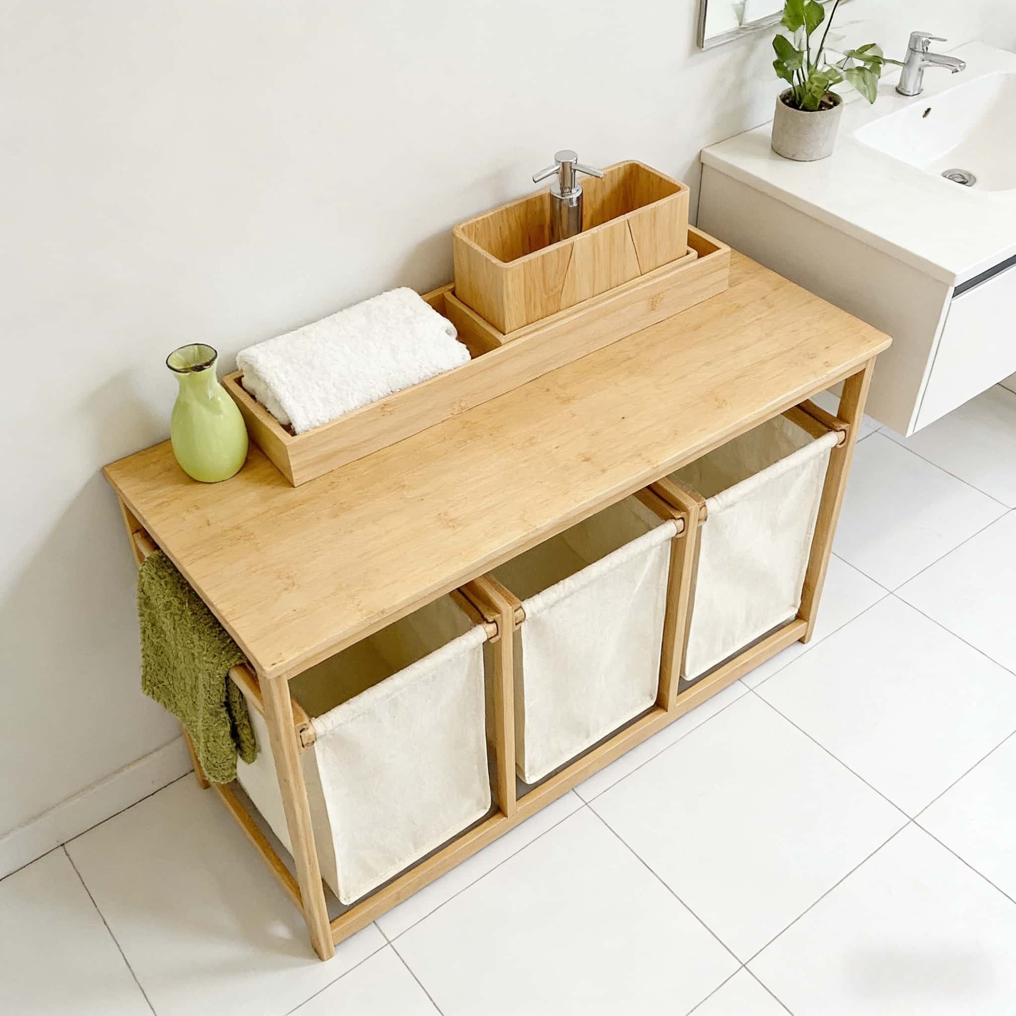 Addreen Bamboo 2-Section Laundry Storage Shelf with Removable Fabric Bags Bathroom Dirty Clothes Organizer Shelf01 Addreen Bamboo 2-Section Laundry Storage Shelf with Removable Fabric Bags Bathroom Dirty Clothes Organizer Shelf - Image 1