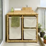 Addreen Bamboo 2-Section Laundry Storage Shelf with Removable Fabric Bags Bathroom Dirty Clothes Organizer Shelf - Image 3