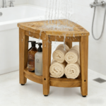 Addreen Corner Teak Shower Bench with Lower Shelf - 300 LBS Capacity Waterproof Teak Shower Stool for Elderly & Disabled - Image 2