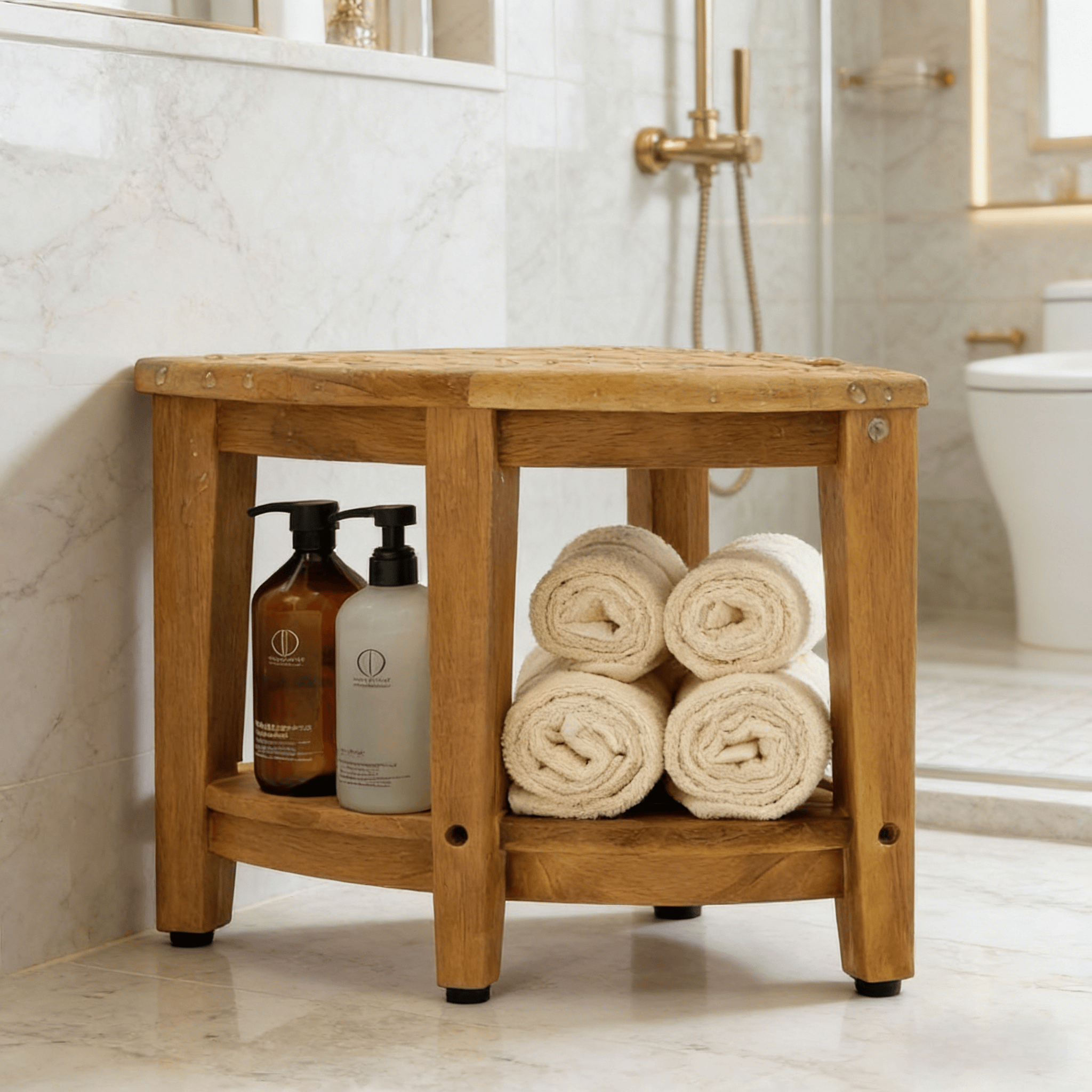 Addreen Corner Teak Shower Bench with Lower Shelf - 300 LBS Capacity Waterproof Teak Shower Stool for Elderly & Disabled02 Addreen Corner Teak Shower Bench with Lower Shelf - 300 LBS Capacity Waterproof Teak Shower Stool for Elderly & Disabled - Image 1