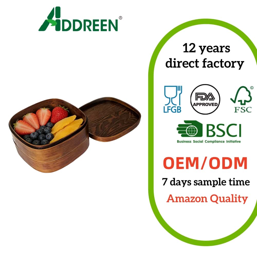 Addreen Custom Logo Double Layer Wooden Bento Box, Japanese Style Eco Friendly Lunch Box with Bamboo Wood Lid01 Addreen Custom Logo Double Layer Wooden Bento Box, Japanese Style Eco Friendly Lunch Box with Bamboo Wood Lid - Image 1