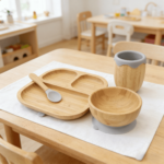 Addreen Eco-Friendly Bamboo Baby Weaning Feeding Food Trays Set Elephant-Shaped Silicone Suction