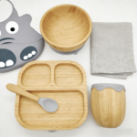 Addreen Eco-Friendly Bamboo Baby Weaning Feeding Food Trays Set Elephant-Shaped Silicone Suction - Image 3