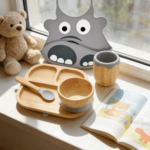 Addreen Eco-Friendly Bamboo Baby Weaning Feeding Food Trays Set Elephant-Shaped Silicone Suction - Image 2