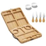 Addreen High Quality Foldable Bamboo Cheese Cutting Board with Four Knives and Two Ceramic Condiment Bowls for Camping