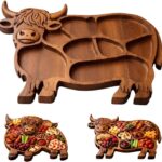 Addreen Highland Cow Acacia Wood Handcrafted Charcuterie Board Rustic Farmhouse Animal Shape Compartments Camping Cheese Meat