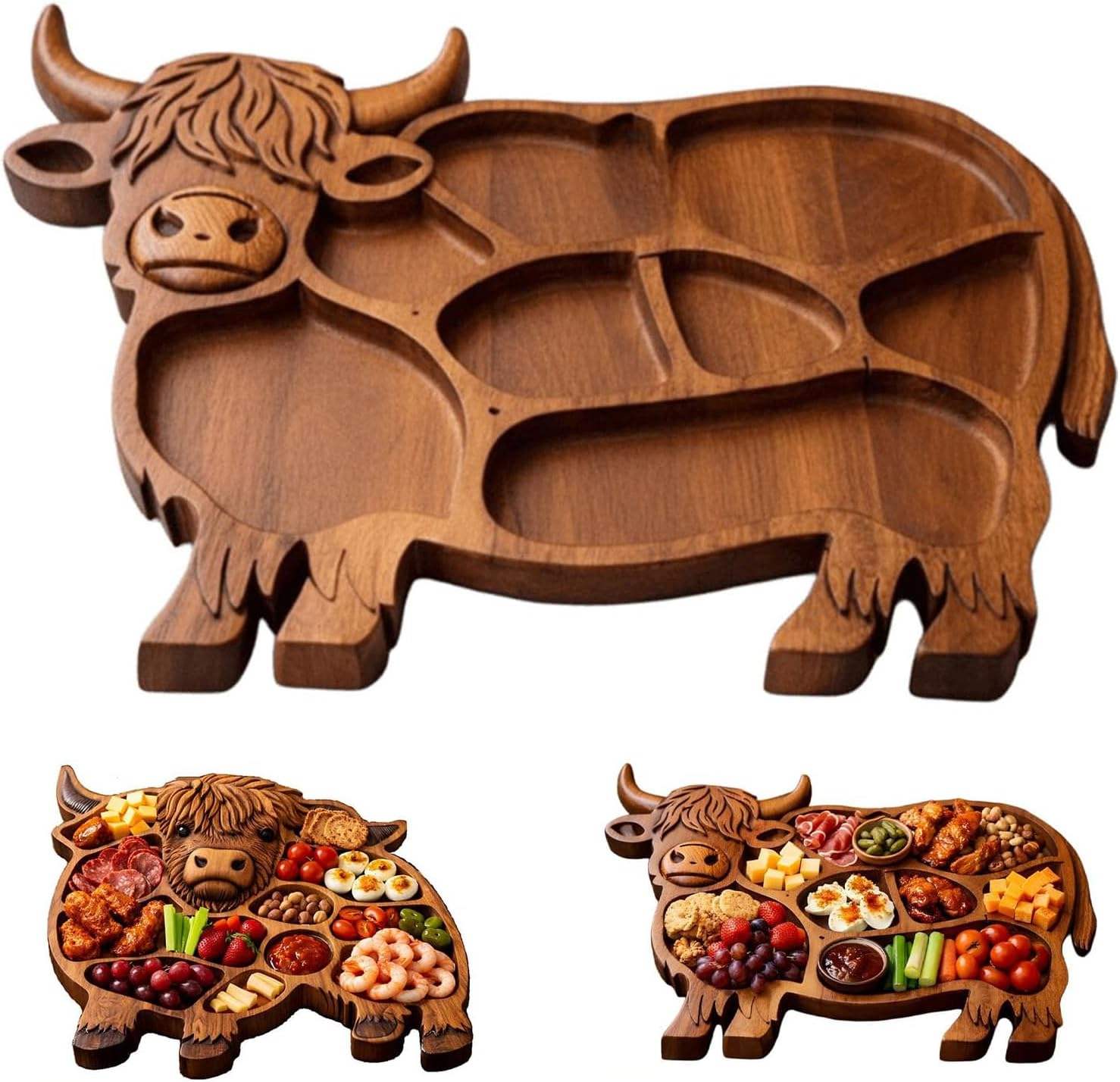 Addreen Highland Cow Acacia Wood Handcrafted Charcuterie Board Rustic Farmhouse Animal Shape Compartments Camping Cheese Meat01 Addreen Highland Cow Acacia Wood Handcrafted Charcuterie Board Rustic Farmhouse Animal Shape Compartments Camping Cheese Meat - Image 1