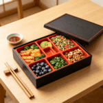 Addreen Japanese Bento Box 5 Compartment Traditional Red and Black Sushi Container Wood Grain Design Portable Lunch Box - Image 2