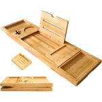 Addreen Luxury Foldable Bamboo Bath Tray Expandable to 105cm Bath Caddy Bathroom Sets