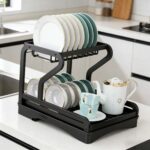 Addreen Modern 2 Tier Wrought Iron Dish Drying Rack Portable Kitchen Counter Organizer - Image 3