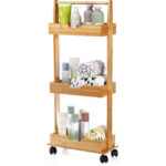 Addreen Modern 3-Tier Bamboo Shower Caddy Stand Sliding Wheels Bathroom Shelf Rack for Bathtub Office Kitchen for Living Room