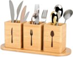 Addreen Natural Bamboo Rectangle Eco-Friendly Modern Multifunction Cutlery Storage Box 3 Compartments Spoons Forks Knives