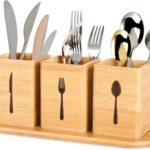 Addreen Natural Bamboo Rectangle Eco-Friendly Modern Multifunction Cutlery Storage Box 3 Compartments Spoons Forks Knives
