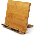 Addreen Portable Lightweight Bamboo Bookstand Adjustable Book Holder Paper Clip Tray Hard-Wearing Stable Desk Bookends Cookbooks