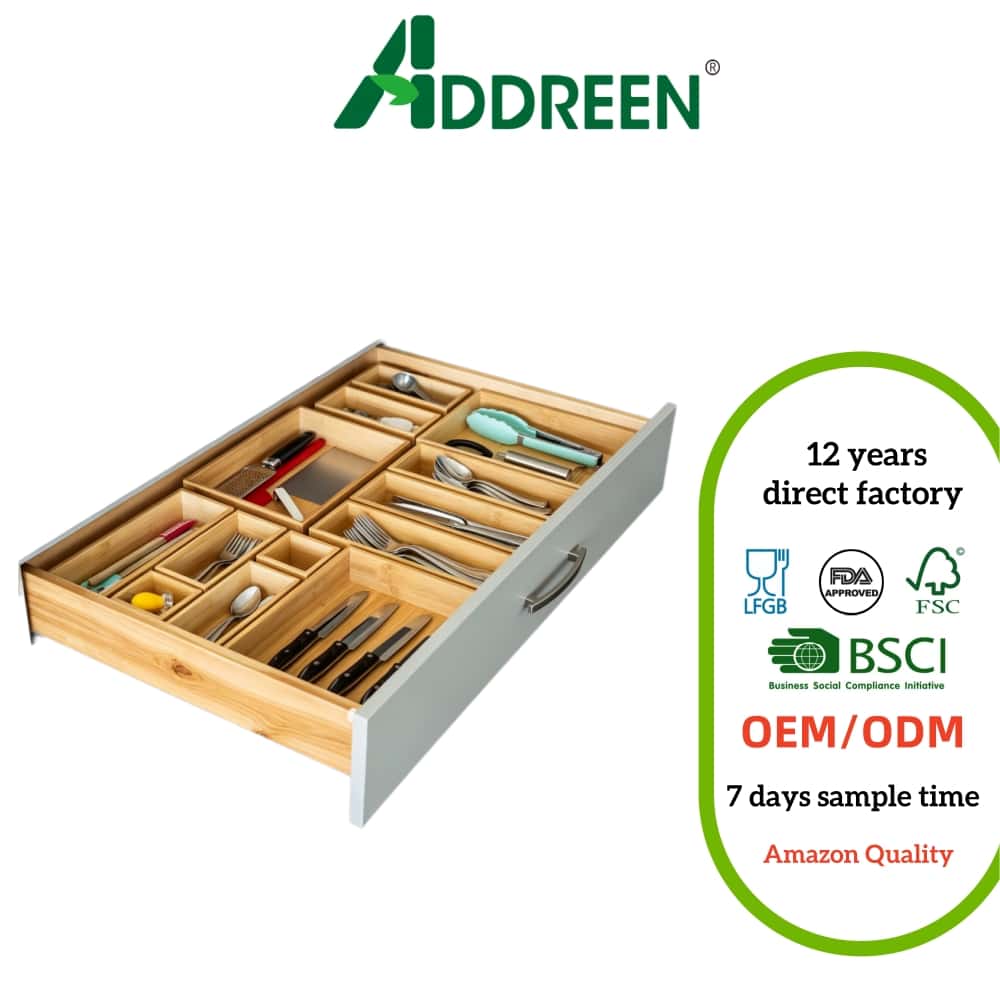 Addreen Premium 14 Piece Modular Bamboo Drawer Organizer Set Non Slip Kitchen Cutlery Tray Sustainable Wood Storage Box System01 Addreen Premium 14 Piece Modular Bamboo Drawer Organizer Set Non Slip Kitchen Cutlery Tray Sustainable Wood Storage Box System - Image 1