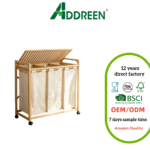 Addreen Premium Bamboo 3 Compartment Laundry Sorter 150L Large Capacity Rolling Laundry Hamper With Shelf and Side Pockets Set