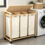 Addreen Premium Bamboo 3 Compartment Laundry Sorter 150L Large Capacity Rolling Laundry Hamper With Shelf and Side Pockets Set - Image 2