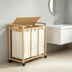Addreen Premium Bamboo 3 Compartment Laundry Sorter 150L Large Capacity Rolling Laundry Hamper With Shelf and Side Pockets Set - Image 3