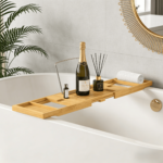 Addreen Premium Expandable Bamboo Bathtub Caddy Tray with Wine Glass & Tablet Holder, Non-Slip Bathroom Organizer
