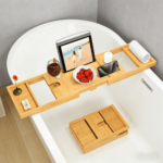 Addreen Premium Expandable Bamboo Bathtub Caddy Tray with Wine Glass & Tablet Holder, Non-Slip Bathroom Organizer - Image 2