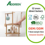 Addreen Rustic Lightweight 2-Tier Bamboo Corner Shower Stool & Shelf Towel Bar-Bathroom Storage Organizer for Small Spaces
