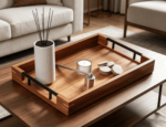 Addreen Solid Acacia Wood Serving Tray Sturdy Metal Grip Handles Medium Size 15X10in Decorative Tray for Living Room - Image 2