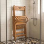 Addreen YZ-011 Solid Teak Folding Shower Chair Pivoting Backrest Forward-Leaning Armrests 350lb Capacity Space-Saving Fold Bath - Image 2