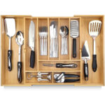 Adjustable Flatware and Cutlery Holder Compact Plastic Storage for Spoons Forks Knives Large Bamboo Tray Organizer