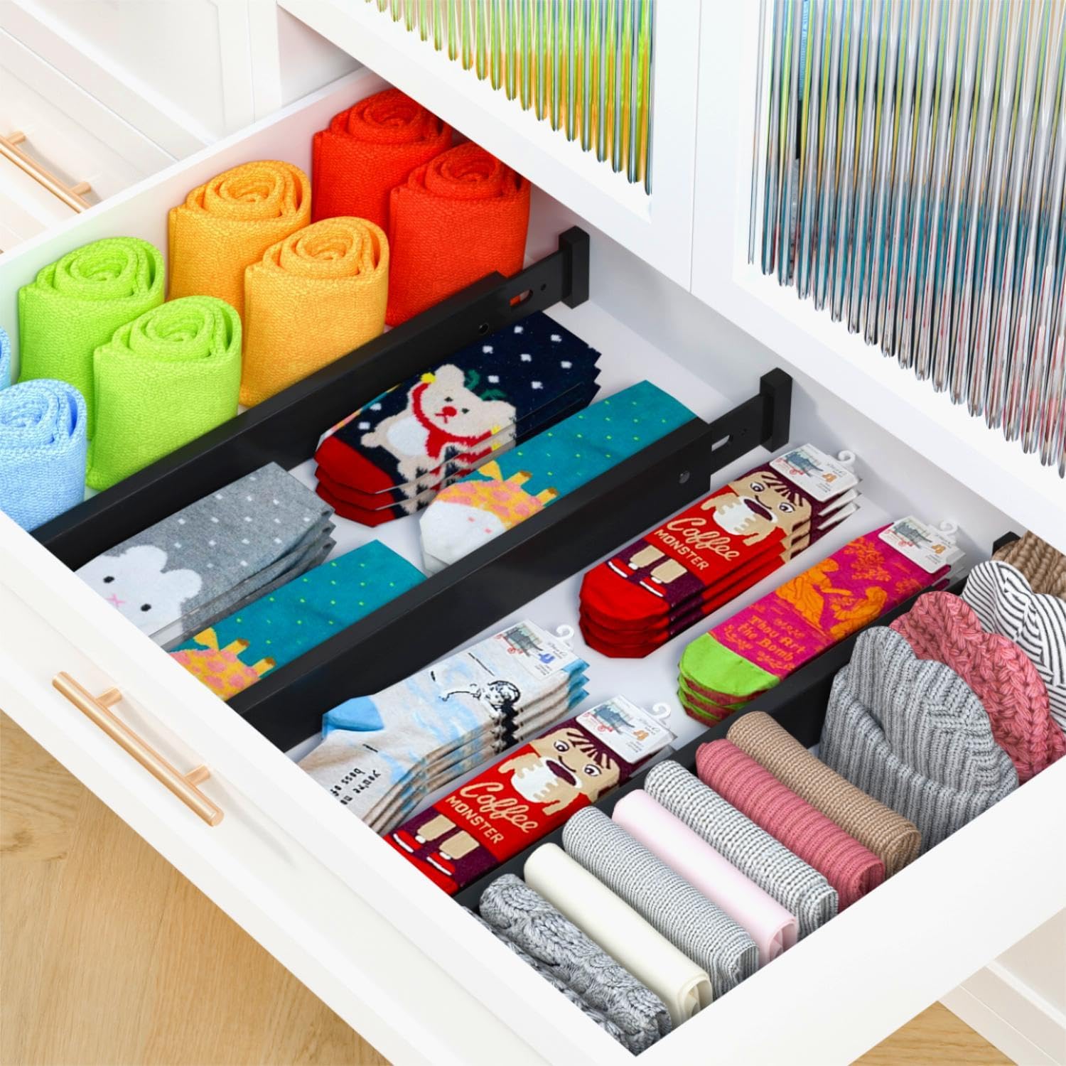 Bamboo 4-Pack Adjustable Drawer Organization Inserts for Clothes, Kitchen Utensils, and Separators Expandable Dresser Dividers03 Bamboo 4-Pack Adjustable Drawer Organization Inserts for Clothes, Kitchen Utensils, and Separators Expandable Dresser Dividers - Image 1